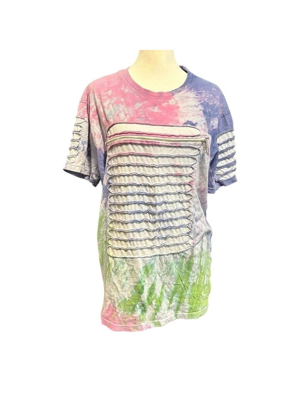 SWITCH Remarkable Zipper Front UNISEX Tie Dye Ripped Tee Shirt Cotton XL